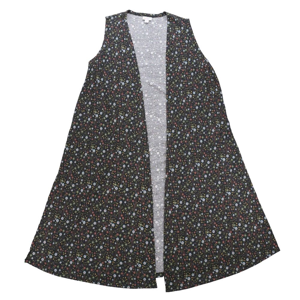 LuLaRoe Womens Medium Black Multicolor Floral Open Front Sleeveless Duster Dress